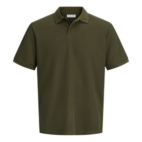 Model wearing olive green short-sleeve piqu&eacute; polo shirt with three-button placket and tonal chest logo