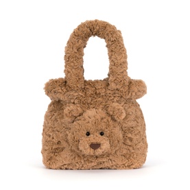 Jellycat brown fluffy teddy bear face handbag with curly plush texture and looped handle, children's novelty bag