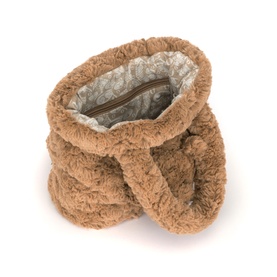 Jellycat brown fluffy teddy-style bag with open top revealing grey zip interior lining, shot from above