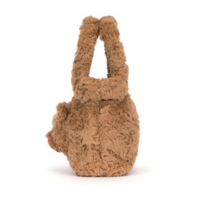 Jellycat brown fluffy teddy bear-shaped kids bag, rear view showing curly textured plush and looped handle straps