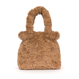 Jellycat brown fluffy teddy bear handbag with plush loop handle, bear ears, and embroidered logo patch