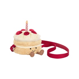 Jellycat Amuseable Birthday Cake Bag, cream and red plush crossbody with candle detail and red strap