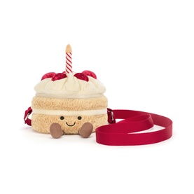 Jellycat Amuseable Birthday Cake Bag, cream plush novelty crossbody with candle, cherries, and red adjustable strap