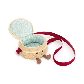 Jellycat Amuseeable suitcase bag in cream plush with mint floral lining, open lid, and red crossbody strap