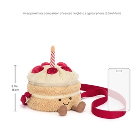 Jellycat Amuseable Birthday Cake Bag in multi, small plush crossbody with red strap, candle and cherry details, 5.9in/16cm height guide shown