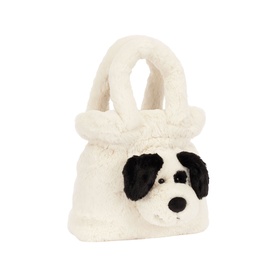 Jellycat white fluffy mini handbag with black and white dog face motif, loop handles, children's plush accessory