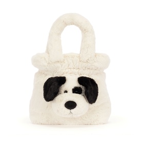 Jellycat white fluffy plush puppy handbag with black patch eye detail and carry handle
