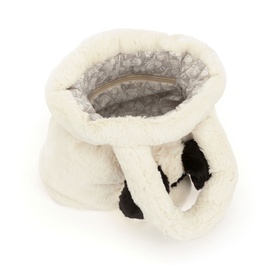 Jellycat white fluffy plush bag with grey patterned lining, short loop handles, and black accent detail
