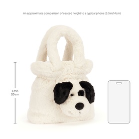 Jellycat white fluffy plush handbag with black and white dog face, loop handles, shown with size guide: 7.9in/20cm tall.