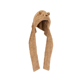 Jellycat brown plush bear hat with long floppy ear flaps and embroidered bear face detail on top