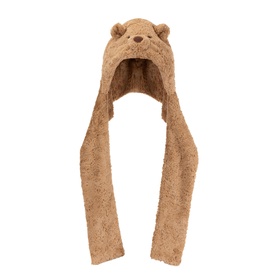 Jellycat brown fluffy bear hat with ear details and long scarf-style ties, textured plush fabric