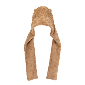 Jellycat brown fluffy plush bear hat with ear details and long scarf-style ear flaps, soft teddy fabric