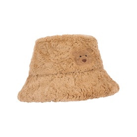 Jellycat brown fluffy bucket hat with small teddy bear face appliqu&eacute; detail on front