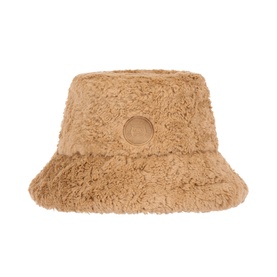 Jellycat brown fluffy teddy bucket hat with embroidered logo patch, curved brim and plush textured finish