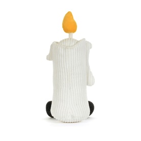 Jellycat Amuseables white plush candle soft toy, rear view showing ribbed texture, yellow flame top and black base detail