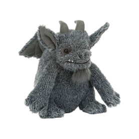 Jellycat grey gargoyle soft toy with wings, horns, and fluffy textured fur, seated pose