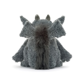 Jellycat grey fluffy dragon soft toy, rear view showing spiky back, dark tail, and textured wings