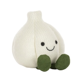 Jellycat Amuseables white knitted garlic plush soft toy with smiley face and small green feet