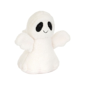 Jellycat white ghost plush soft toy with black eye patches and small smile, fluffy rounded body with outstretched arms