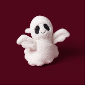 Jellycat white ghost plush soft toy with black embroidered eyes, outstretched arms and fluffy textured body