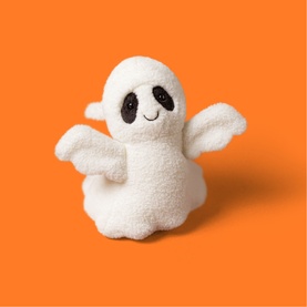 Jellycat white ghost soft toy with smiling face and outstretched arms, small plush size