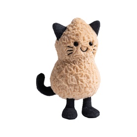 Jellycat Amuseables plush cat toy in cream and dark brown, with curly textured body, smiling face, and knit legs