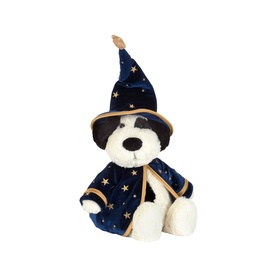 Jellycat plush white and black dog toy wearing navy blue and gold star-print wizard hat and cape, medium size