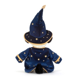 Jellycat plush wizard soft toy in navy blue with gold star print outfit and pointed hat, seen from behind