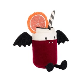 Jellycat Amuseables plush toy shaped like a vampire cocktail cup with black bat wings, fangs, orange slice, and striped straw