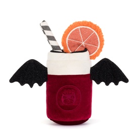 Jellycat Amuseables plush cocktail toy with black bat wings, striped straw, and orange slice detail in red, white and black.