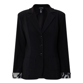Joseph Ribkoff black blazer with notch lapel, three-button front, and contrast animal-print cuff detail