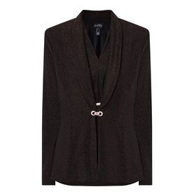Joseph Ribkoff bronze metallic blazer with shawl collar and rose gold buckle detail, 18% metal fibre fabric