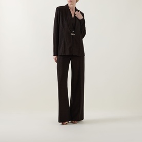 Model wearing Joseph Ribkoff Bronze blazer with matching wide-leg trousers and strappy heeled sandals.