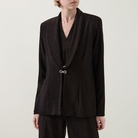 Model wearing Joseph Ribkoff bronze metallic blazer with silver ring-clasp fastening, styled with matching wide-leg trousers.