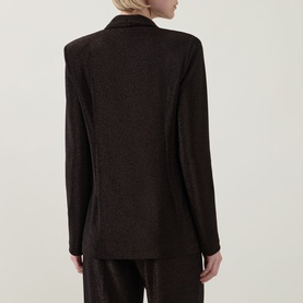 Model wearing Joseph Ribkoff bronze metallic blazer, back view, paired with matching wide-leg trousers