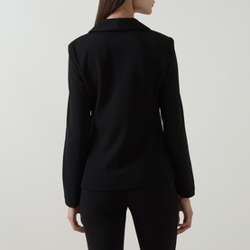Model wearing Joseph Ribkoff Statement Button Blazer in black, rear view showing tailored fit, long sleeves and curved hem, styled with black