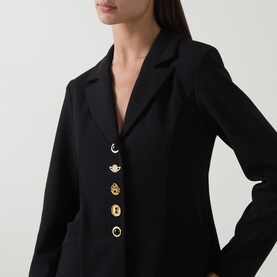 Model wearing Joseph Ribkoff Statement Button Blazer in black with gold decorative statement buttons, notch lapel, single-breasted style