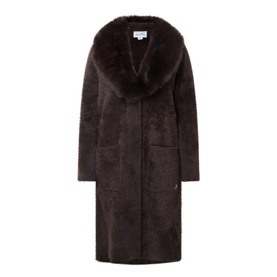 Joseph Ribkoff Patch Pocket Faux Fur Knitted Coat in Mocha with oversized faux fur collar, patch pockets, and longline silhouette