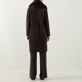 Model wearing Joseph Ribkoff Patch Pocket Faux Fur Knitted Coat in Mocha, rear view showing faux fur collar, longline silhouette, styled with