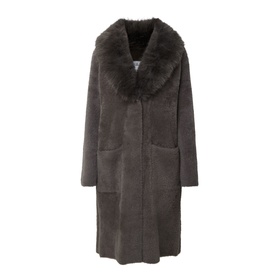 Joseph Ribkoff Faux Fur Trim Knitted Cardigan in Avocado, longline with faux fur shawl collar, front button fastening and slip pockets