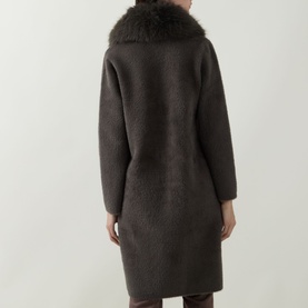 Model wearing Joseph Ribkoff Faux Fur Trim Knitted Cardigan in Avocado, rear view showing faux fur shawl collar, longline silhouette, dropped