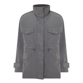 Joseph Ribkoff avocado green nylon coat with high collar, four front patch pockets, and subtle textured panel detail.