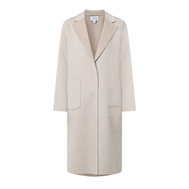 Joseph Ribkoff oatmeal wool-blend longline coat with notched lapel, single-button fastening, and two patch pockets