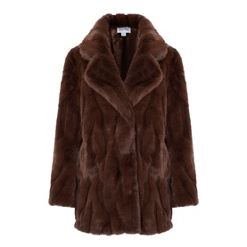 Joseph Ribkoff Textured Faux Fur Coat in brown, single-breasted with notch lapel collar, long sleeves, and straight hem