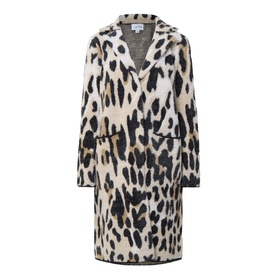 Joseph Ribkoff camel and multi leopard print faux fur coat with notched lapels, front pockets, and relaxed silhouette