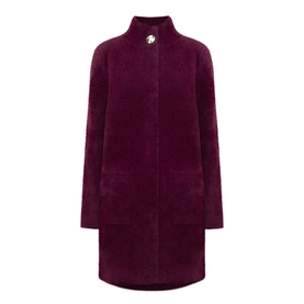 Joseph Ribkoff Statement Button Knitted Coat in Elderberry, mock neck, single button detail, patch pockets, straight hem