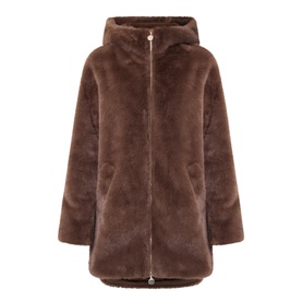 Joseph Ribkoff Dark Mink faux fur hooded coat with zip fastening and front pockets, in rich brown teddy fabric