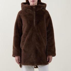 Model wearing Joseph Ribkoff Dark Mink hooded teddy coat with zip fastening in brown faux shearling fabric