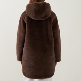 Model wearing Joseph Ribkoff Dark Mink faux fur hooded coat, rear view, mid-length silhouette in deep brown teddy texture