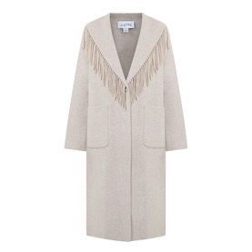Joseph Ribkoff oatmeal longline coat with fringe trim across shoulders and chest, two front patch pockets, open front